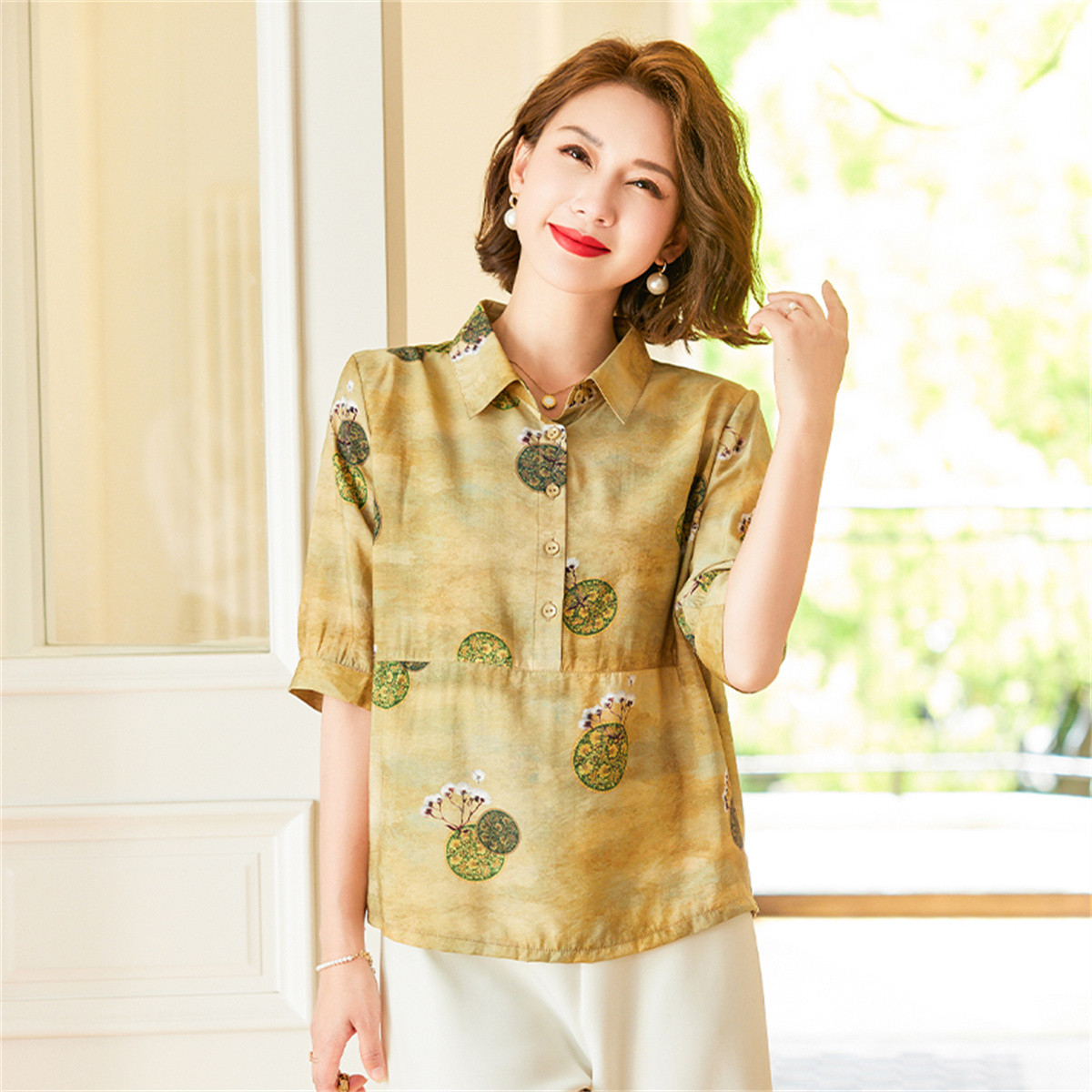 12206739.夏季薄款中年女式T恤中老年妈妈短袖翻领上衣夏装