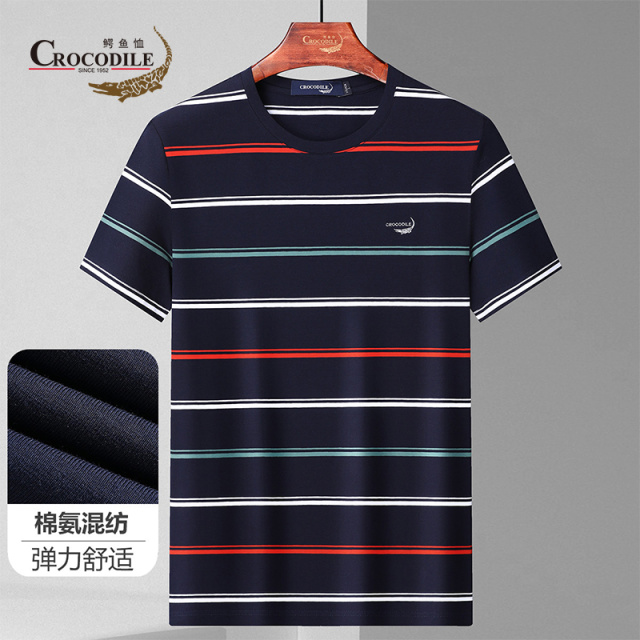 9195368.鳄鱼恤【专柜优选】夏季棉弹休闲色织细条纹圆领男式短袖T恤衫男