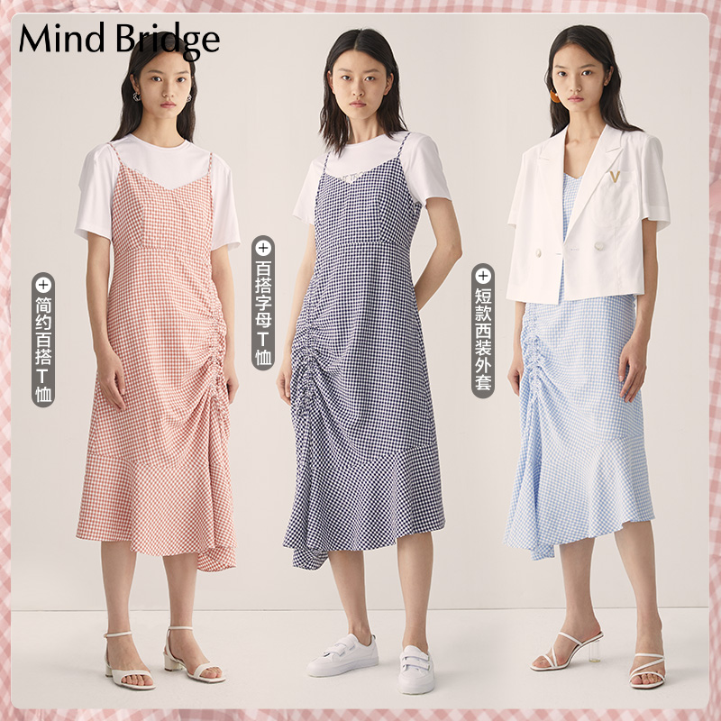 13273037.夏季吊带连衣裙女士新款小V领格子气质长裙MVOP428K