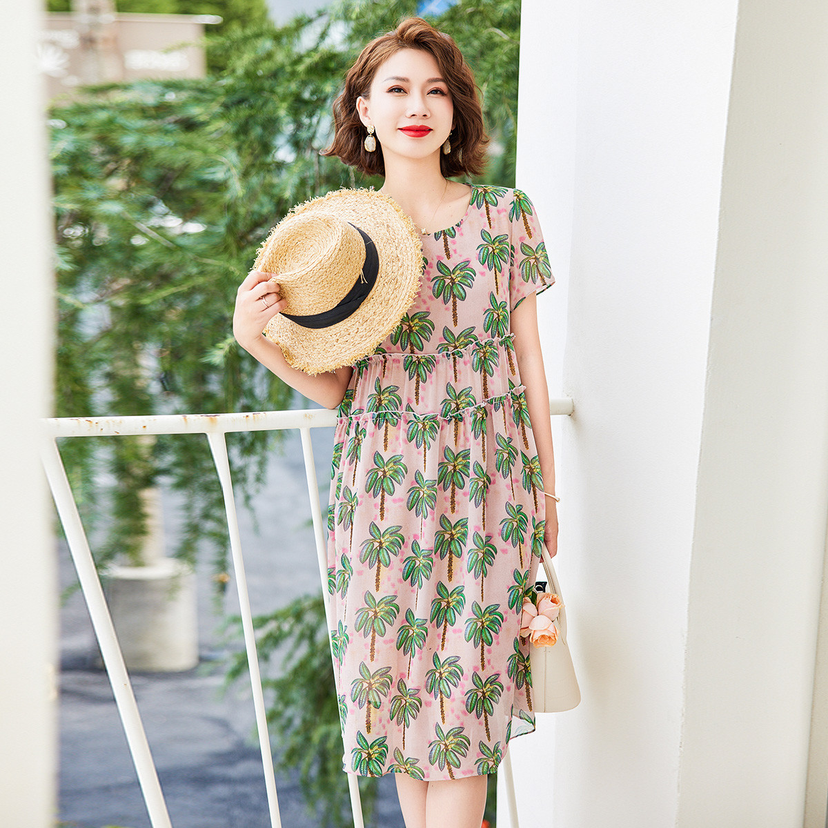 12206295.时尚中老年女装连衣裙夏季薄款短袖圆领裙子中长款妈妈装气质裙