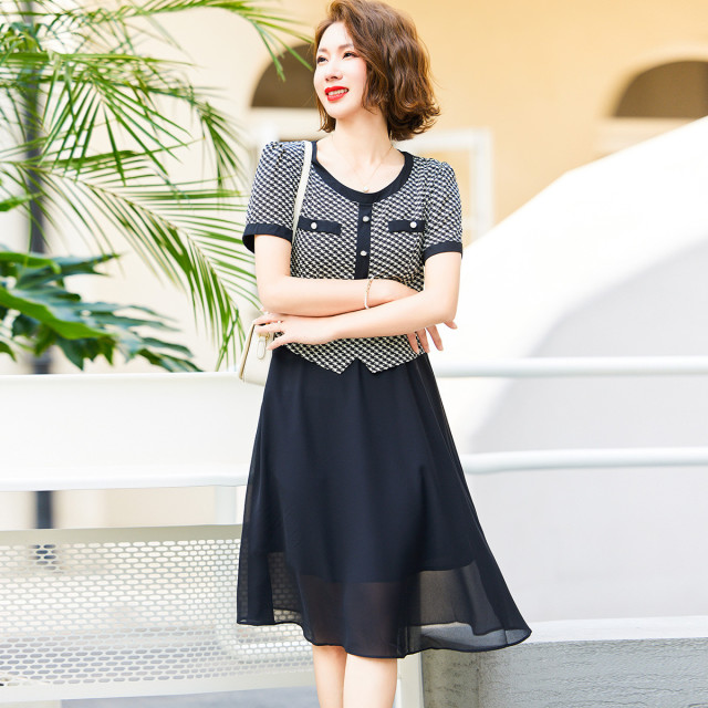 12206380.中年格子短袖连衣裙女夏季气质时尚显瘦中老年女妈妈装假两件裙子