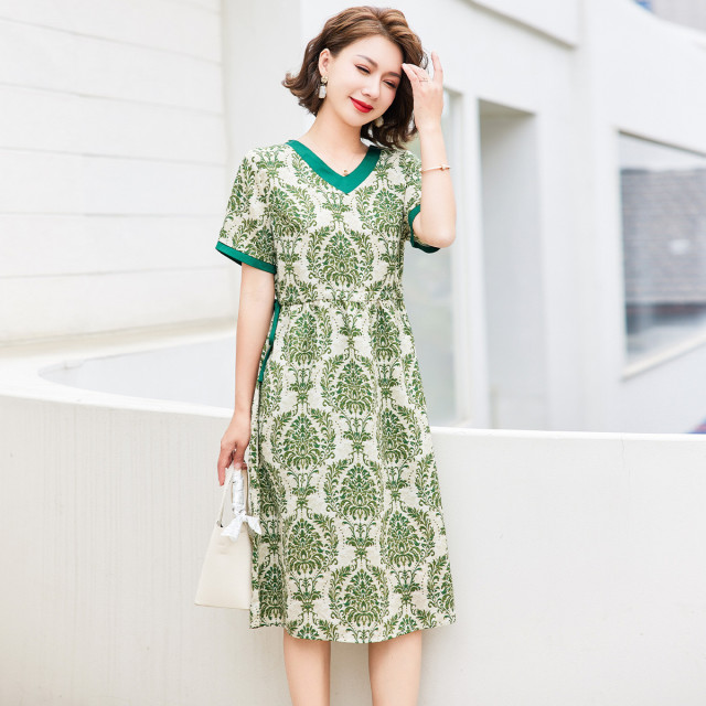 9442376.妈妈装连衣裙夏季薄款时尚短袖V领中老年女装气质裙