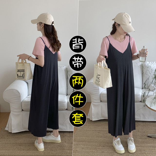 9234244.兔妈孕妇裤夏季新款孕妇装打底裤子背带裤阔腿裤孕裤套装休闲直筒长裤