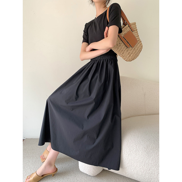 9236835.【摩登小黑裙】夏季圆领松紧腰拼接连衣裙女中长款