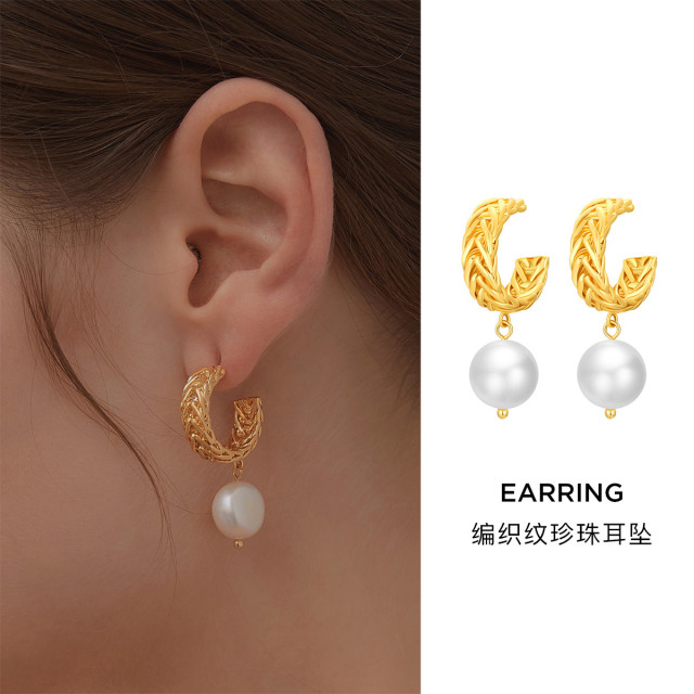 9240496.法式时髦夸张编织纹C形耳环巴洛克珍珠耳坠
