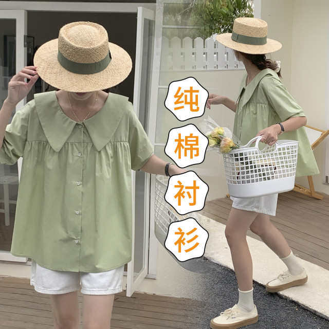 9245405.兔妈纯棉孕妇装夏季新款翻领娃娃衬衫宽松大码孕妇上衣时尚百搭孕妇装