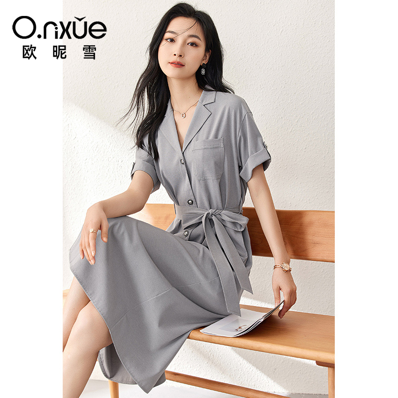 9244844.欧昵雪【法式翻驳领衬衫裙子】夏季新品收腰显瘦蝴蝶结落肩短袖连衣裙女