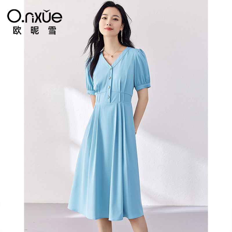 9244854.欧昵雪【法式V领收腰连衣裙】夏装新品复古浪漫时尚泡泡肩短袖女式裙子
