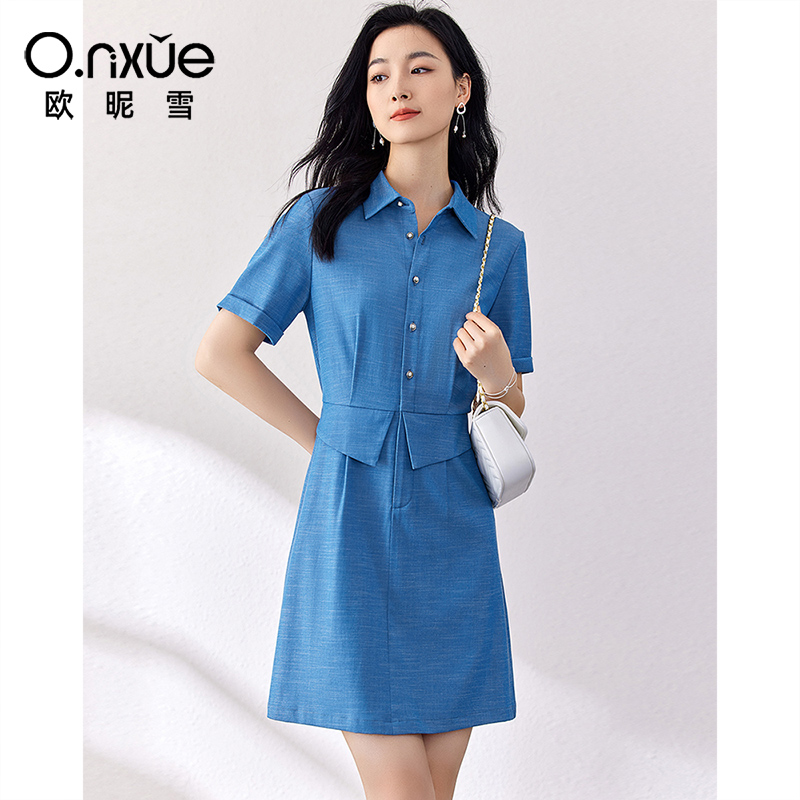 9244858.欧昵雪【浪漫翻领搭片连衣裙】夏装新款气质洋气高级感百搭显瘦A字裙女