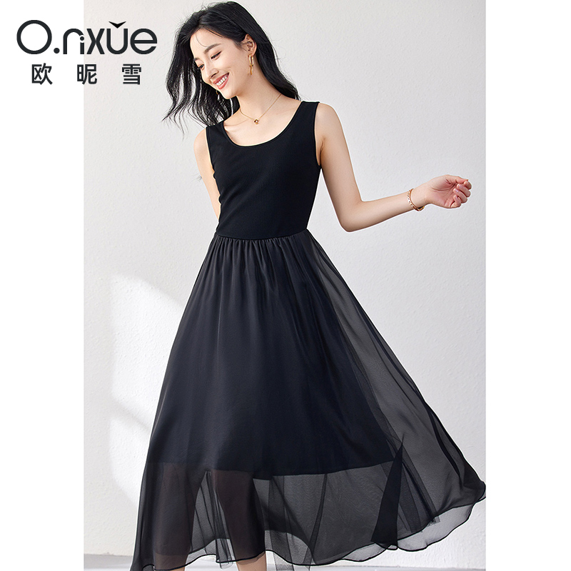 9244839.欧昵雪【拼接U型领纱裙】夏装新品性感轻熟风高级气质无袖背心连衣裙女