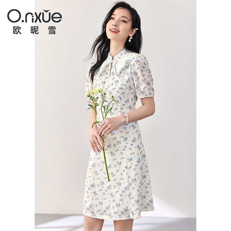 9244881.欧昵雪【复古改良花边拼接立领旗袍裙】夏季新款印花修身显瘦女士连衣裙
