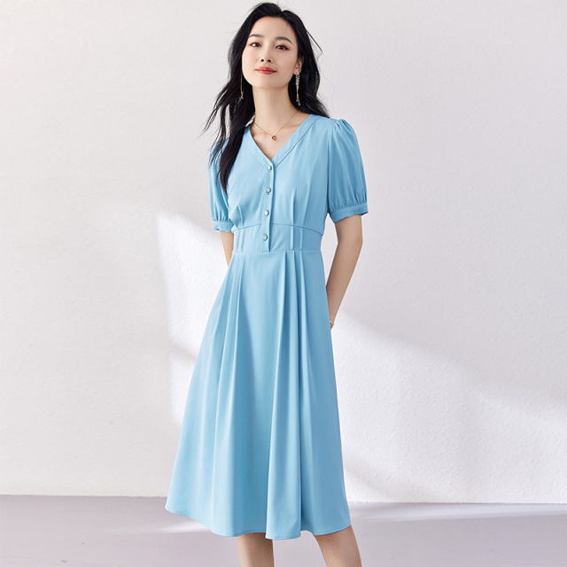 9244854.欧昵雪【法式V领收腰连衣裙】夏装新品复古浪漫时尚泡泡肩短袖女式裙子
