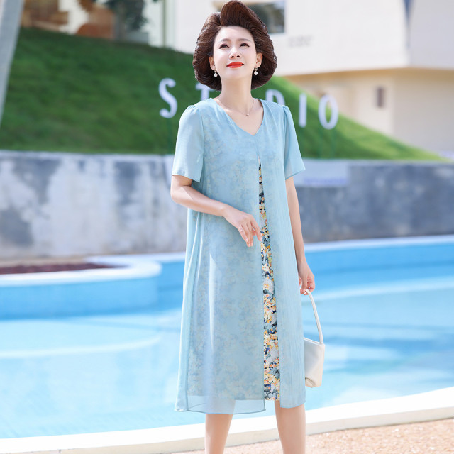 12204423.中年女装夏季洋气假两件裙子中老年妈妈夏装薄款雪纺短袖连衣裙