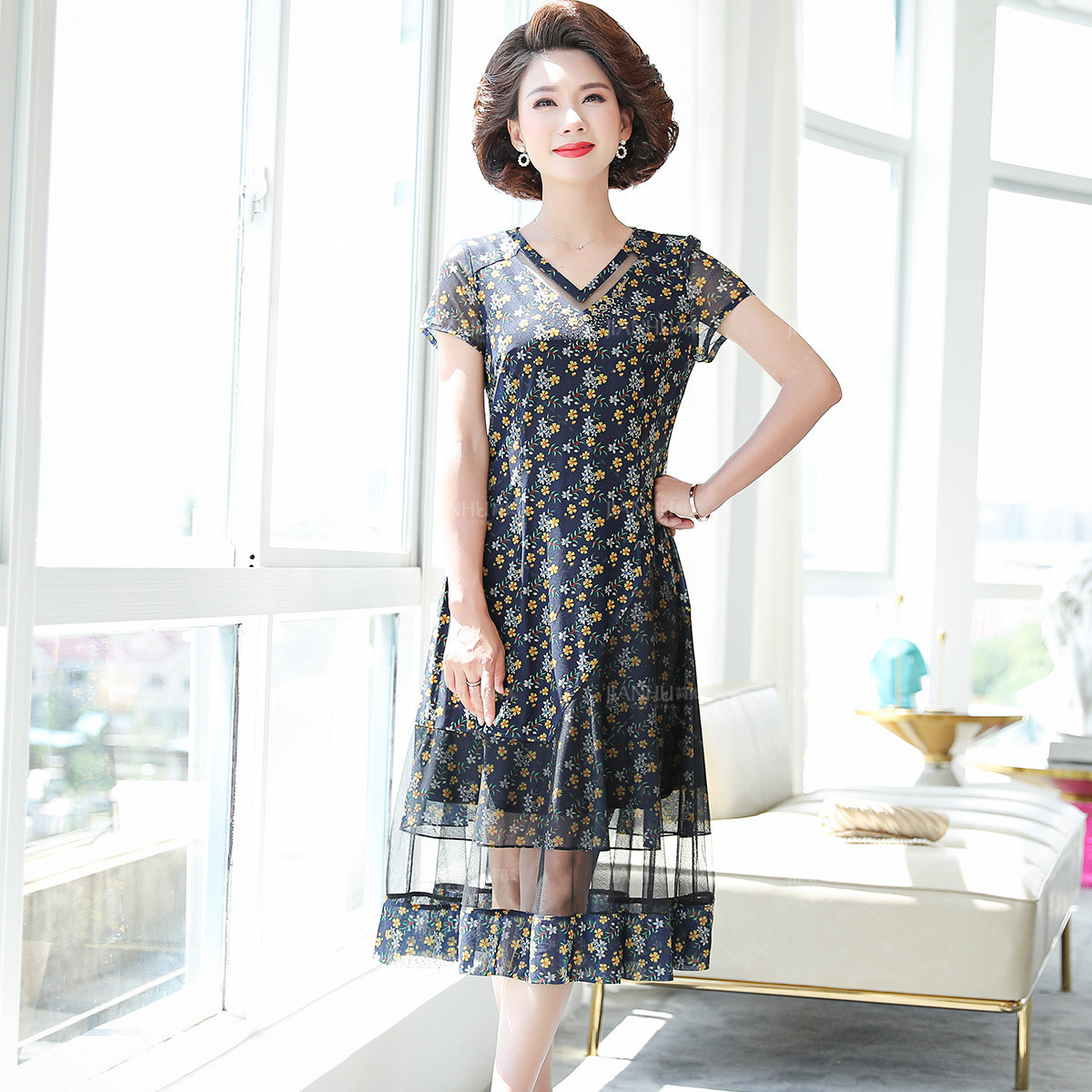 12204464.简狐中老年女装夏季短袖薄款中长裙妈妈夏装薄款连衣裙