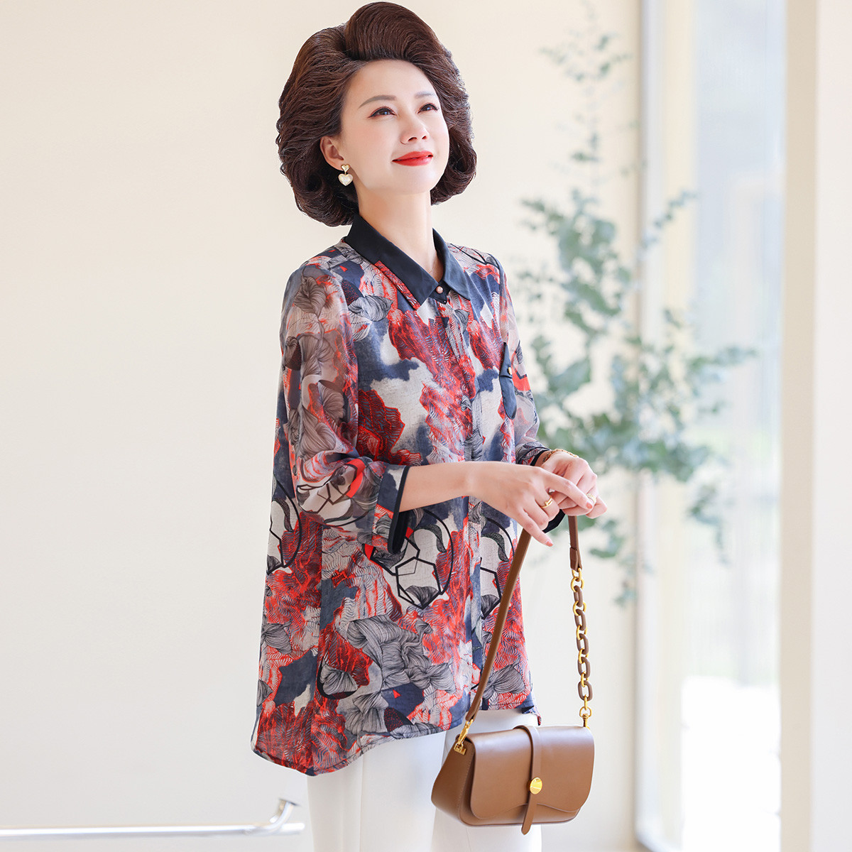 12203885.妈妈夏装中长款翻领T恤中老年女装夏季七分袖衬衫薄