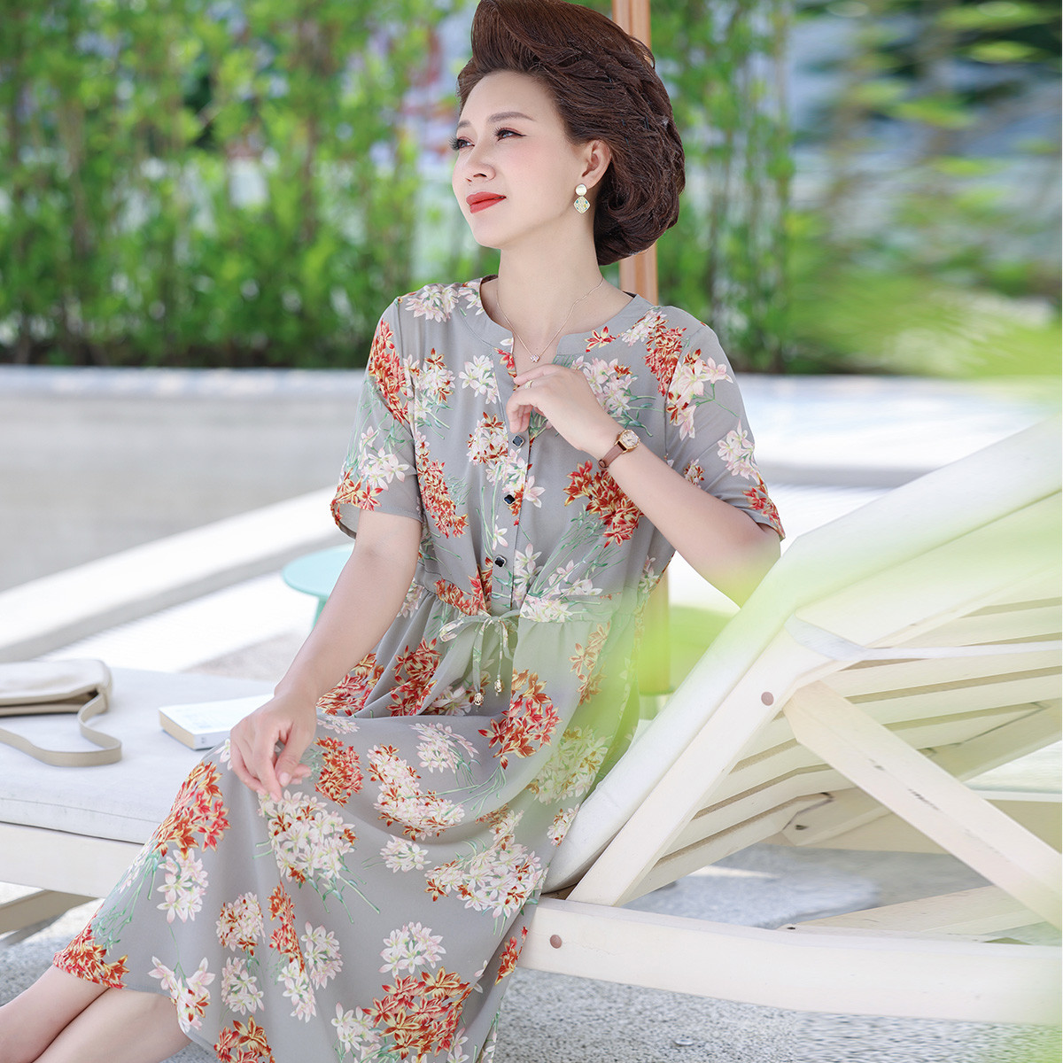 12203429.中老年女装夏季收腰系带裙子40岁50妈妈夏装时尚雪纺连衣裙薄
