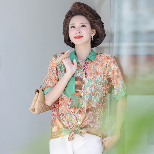 12203957.【店铺好货】妈妈装夏季时尚翻领薄款衬衫中老年女装夏装短袖T恤