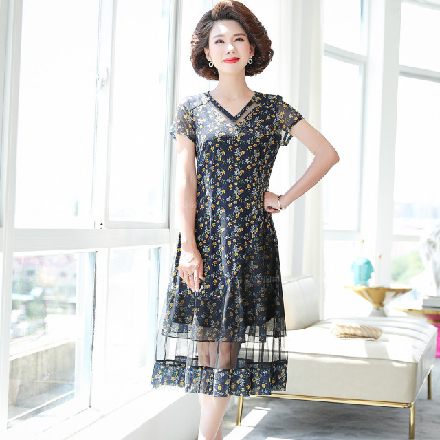 12204464.简狐中老年女装夏季短袖薄款中长裙妈妈夏装薄款连衣裙