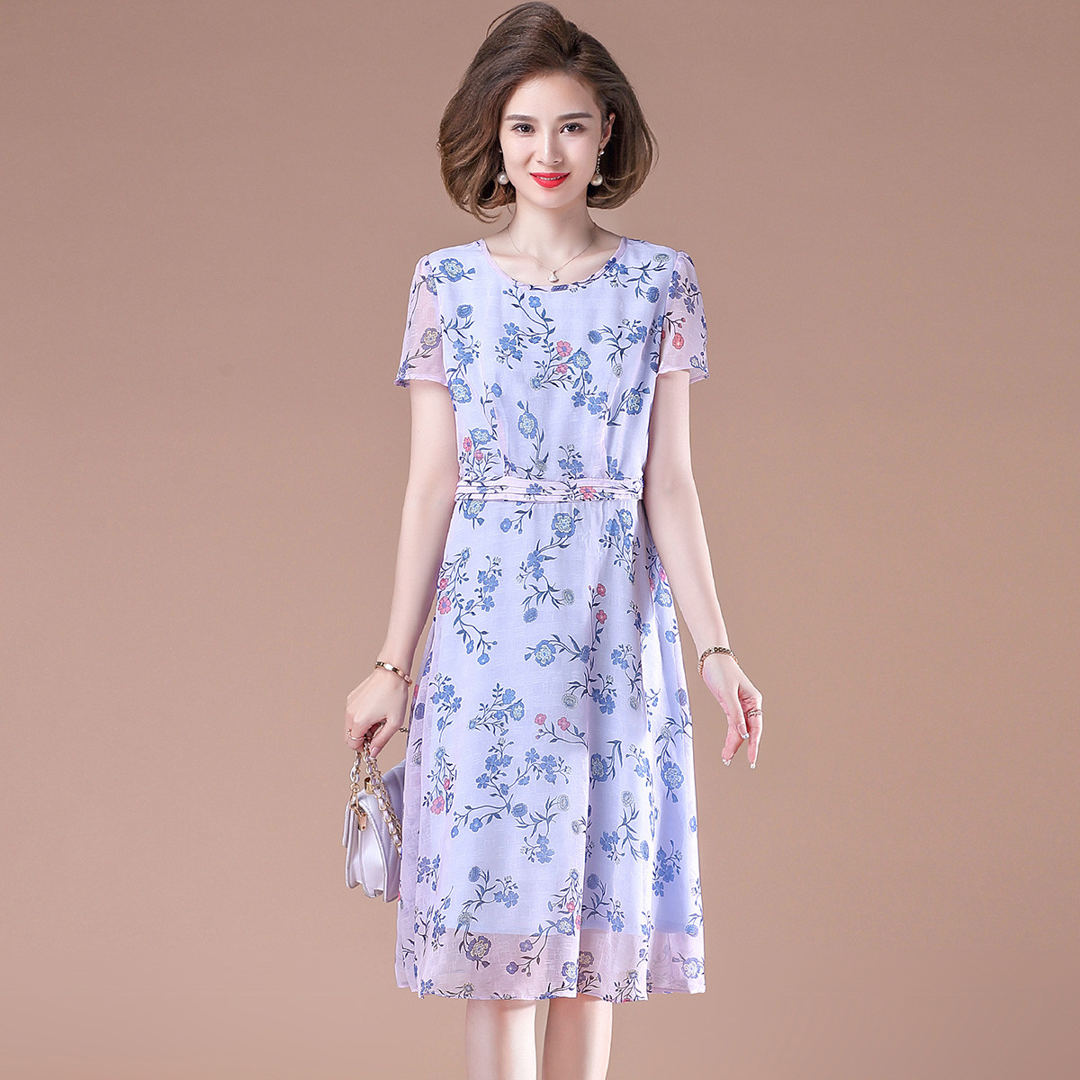 13699716.中老年人时尚短袖连衣裙妈妈夏装过膝裙子中年女薄款气质长裙