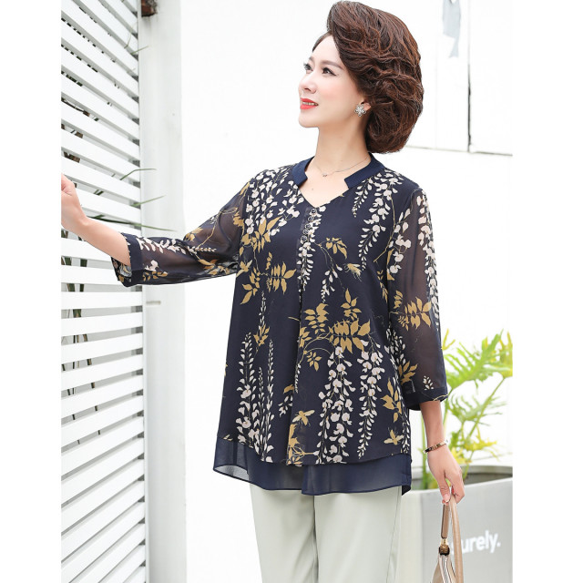 9254358.简狐妈妈装夏装气质七分袖T恤中老年女装薄款时尚小衫阔太太休闲上衣