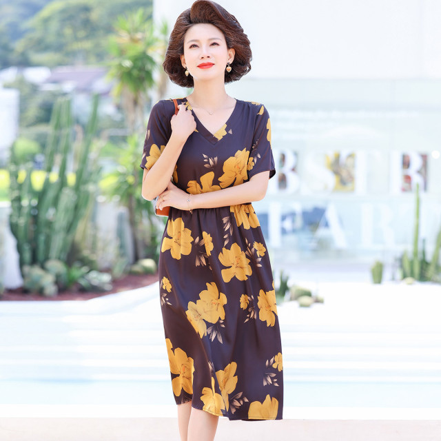12203375.中老年妈妈夏季气质连衣裙中年女时尚夏装短袖V领薄款裙子