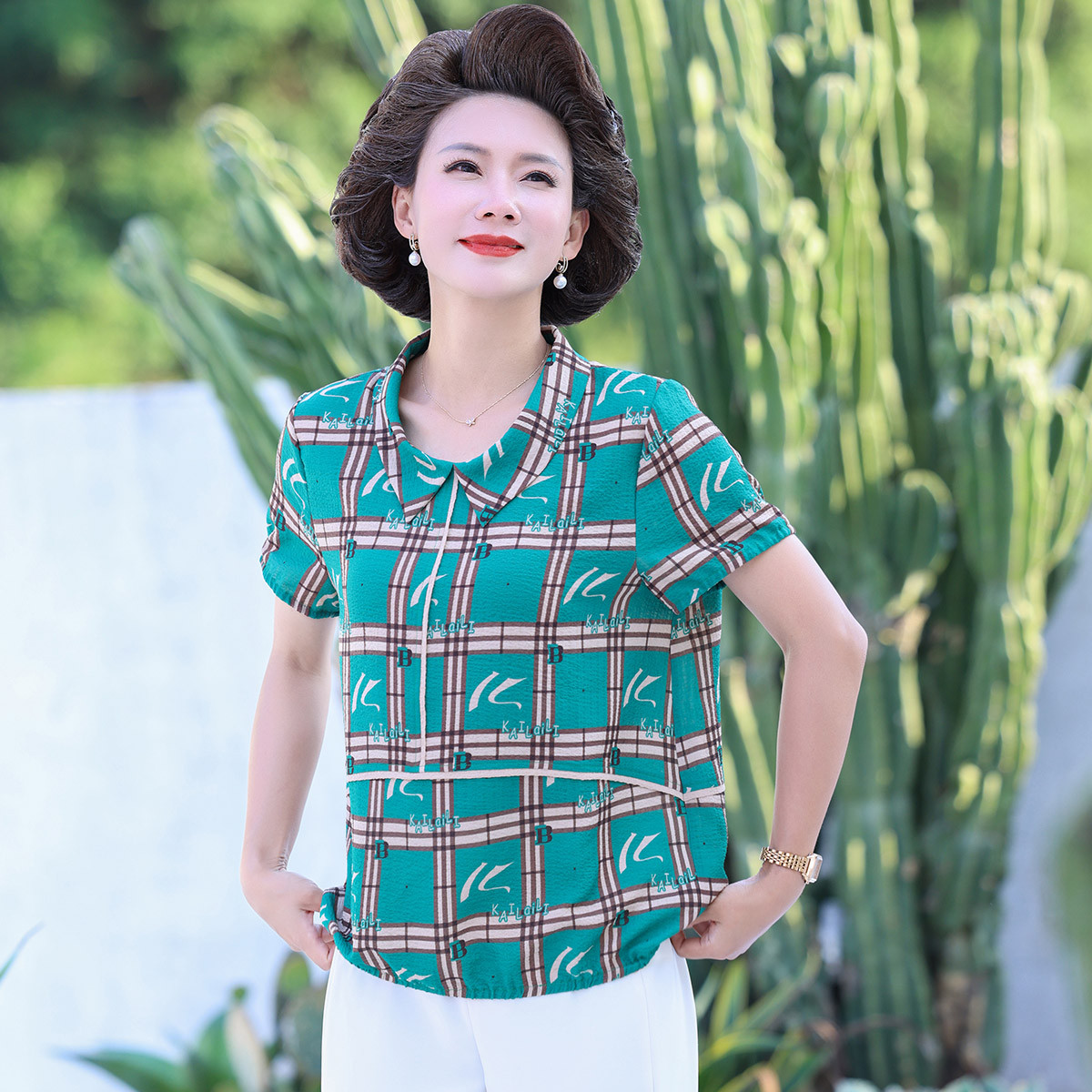 9254267.中老年妈妈夏装薄款短袖T恤中年女夏季时尚透气小衫