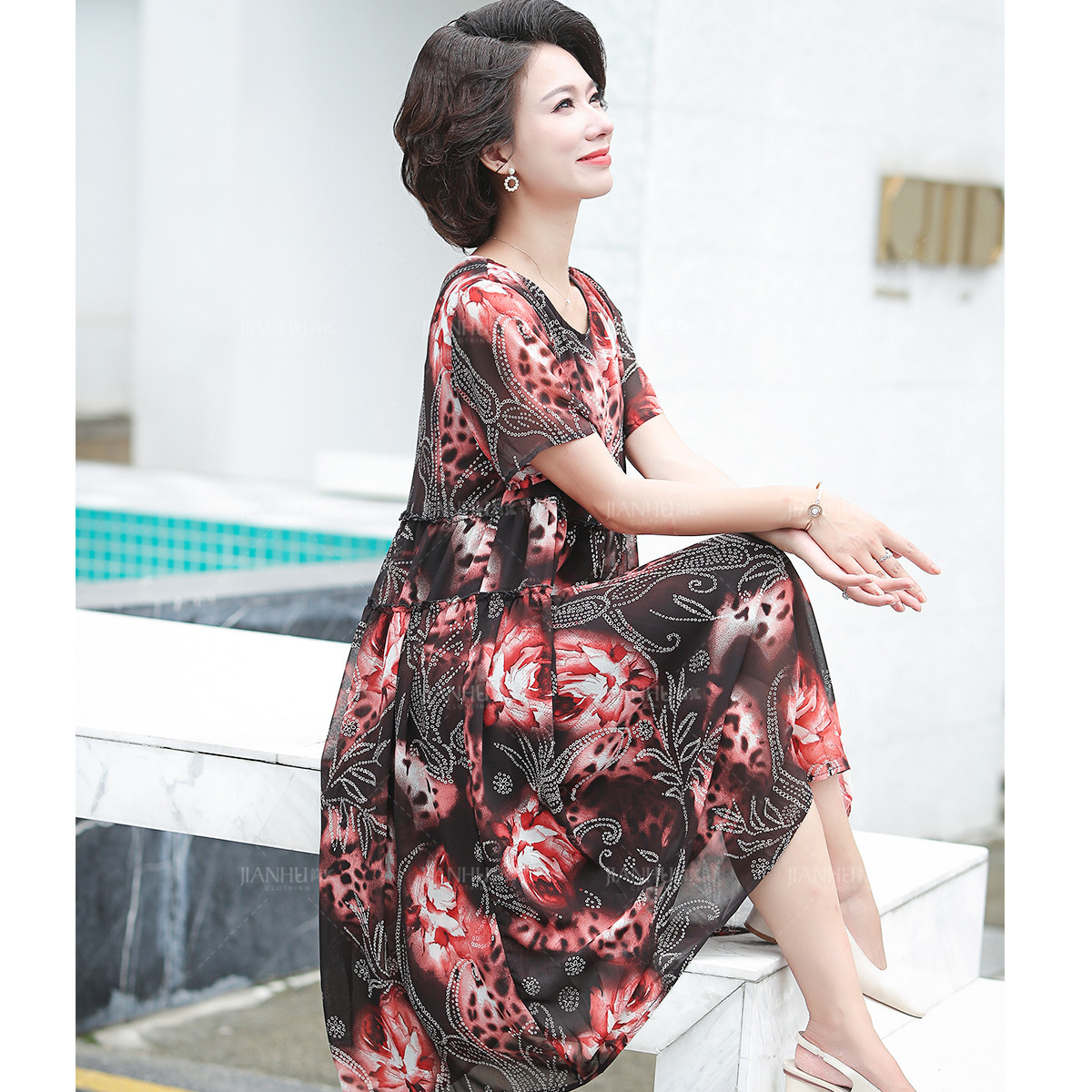 12206772.简狐中年女士连衣裙雪纺衫中老年女装妈妈夏装阔太太裙子