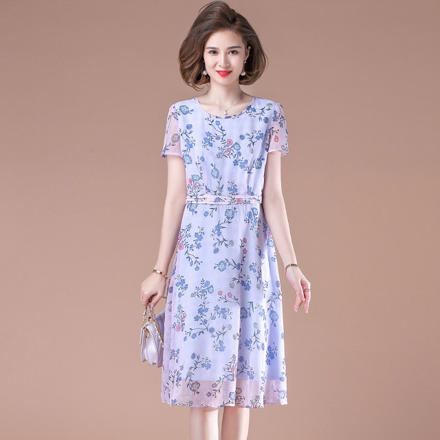 13699716.中老年人时尚短袖连衣裙妈妈夏装过膝裙子中年女薄款气质长裙