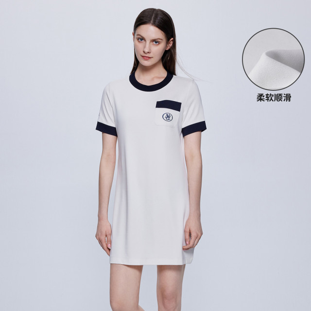 9268071.意大利小帆船 23春夏新品吸湿透气经典圆领女士短袖连衣裙
