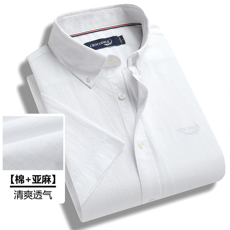 9273213.鳄鱼恤【亚麻】夏季休闲商务清爽透气短袖衬衣衬衫男