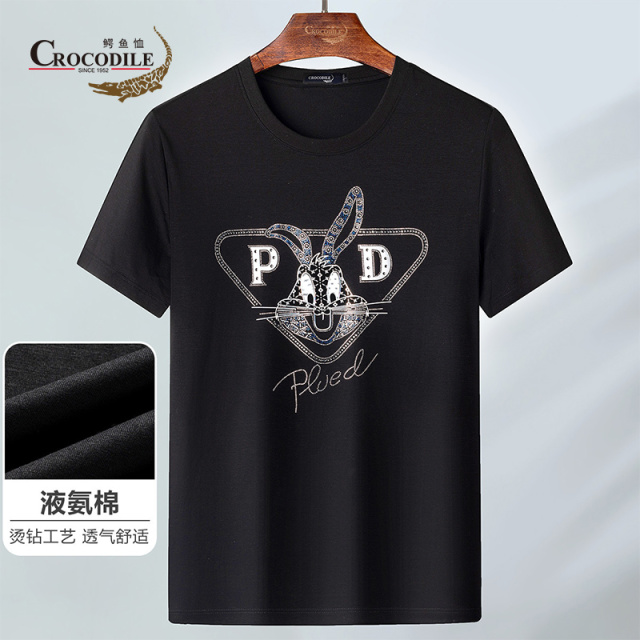 9273590.鳄鱼恤品质优选夏液氨棉兔年烫钻工艺透气舒适男式圆领短袖T恤男