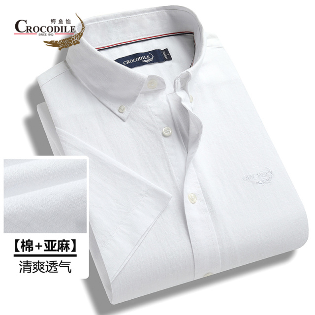 9273213.鳄鱼恤【亚麻】夏季休闲商务清爽透气短袖衬衣衬衫男