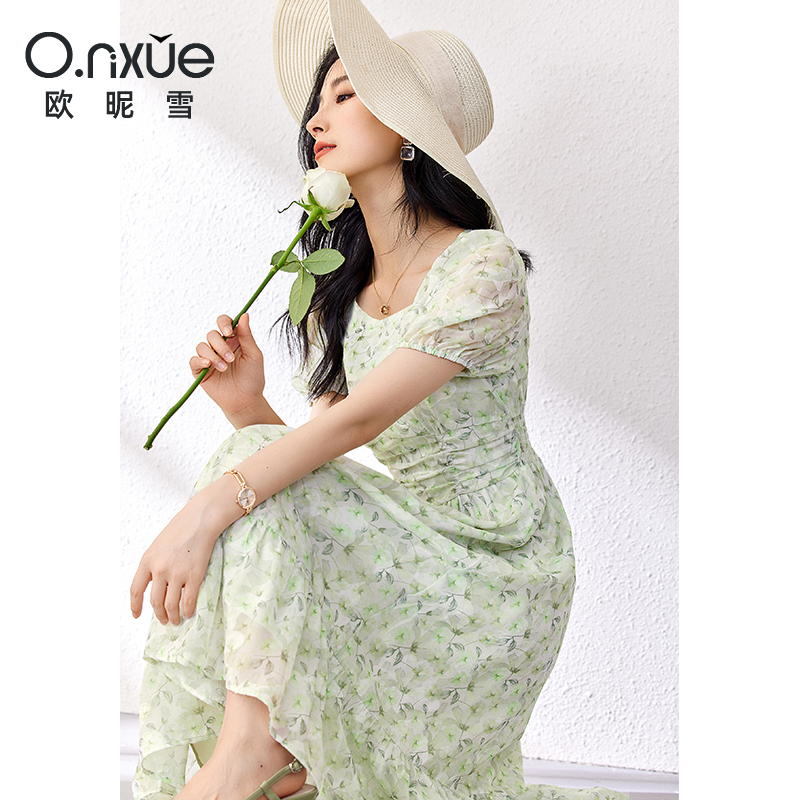 9324548.欧昵雪【法式花卉提花雪纺裙】夏装新品温柔复古气质收腰方领女式连衣裙