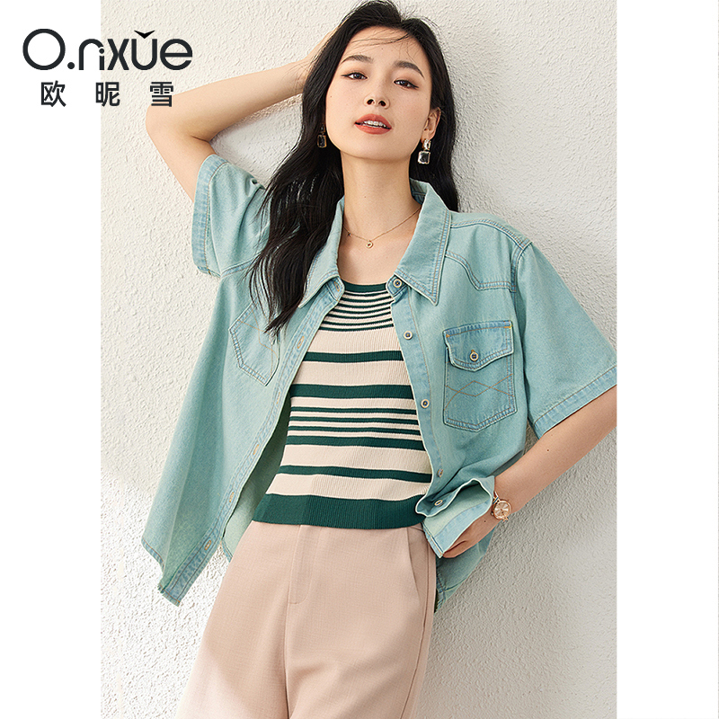 9324572.欧昵雪【休闲感翻领牛仔衬衫】夏季新品复古百搭中性风时尚翻领女式衬衣