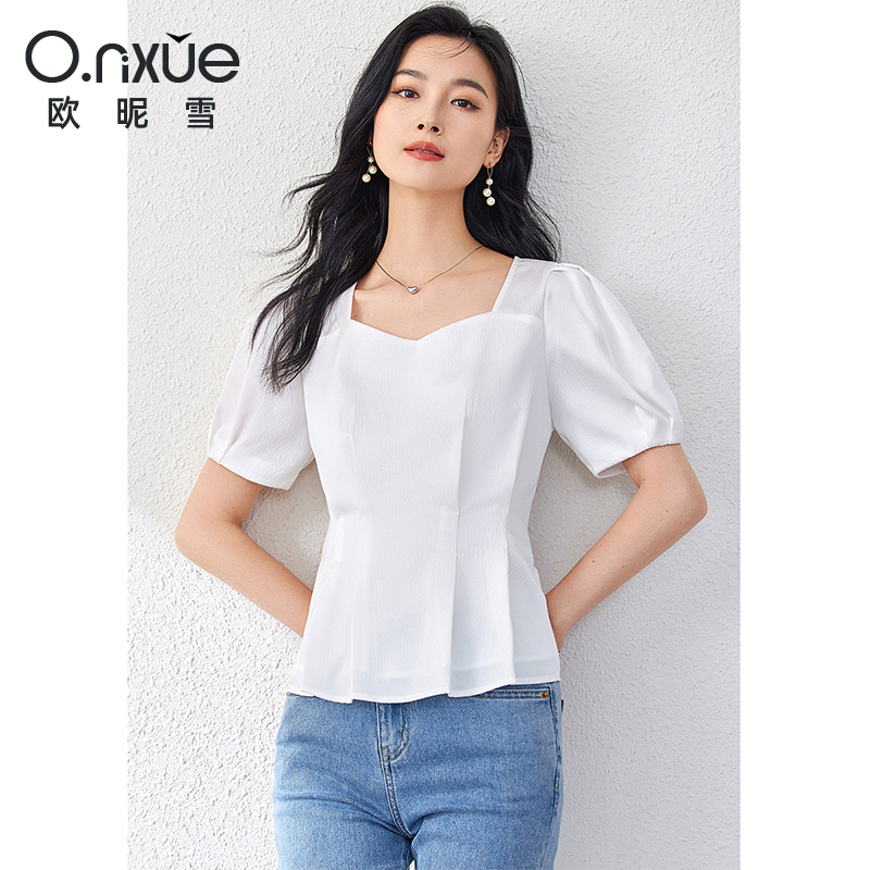 9324600.欧昵雪【简约方领泡泡袖小衫】夏季新款优雅时尚纯色收褶荷叶摆女士衬衫
