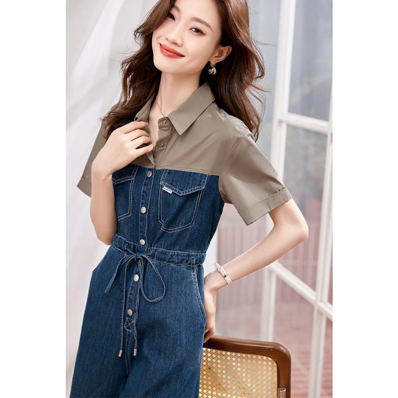 9349378.【沫晗依美】时尚休闲工装风夏季牛仔拼接撞色绣花显瘦女连体裤