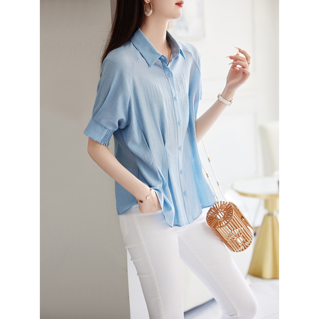 9368635.【日杂OOTD】夏轻熟风醋酸涤泡泡纱衬衫收腰藏肉衬衣女装上衣