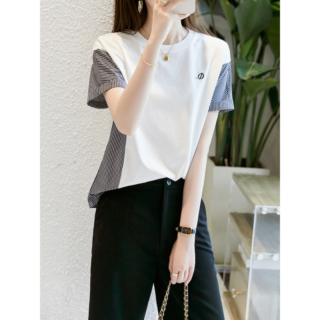 9368594.【上班穿搭】夏高支云感纯棉绣花短袖t恤女时髦撞色条纹女式t恤