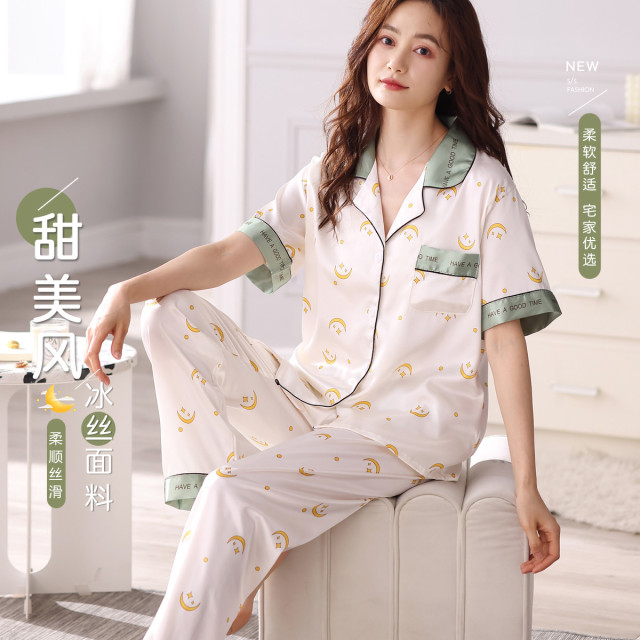 9369665.【冰丝凉感】睡衣女士家居服女夏季薄款印花短袖套装睡衣女可外穿
