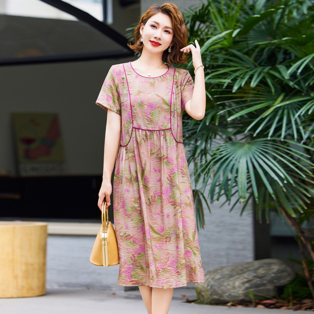 11978708.中老年妈妈夏季薄款短袖连衣裙时尚中长款圆领裙子中年女式气质裙