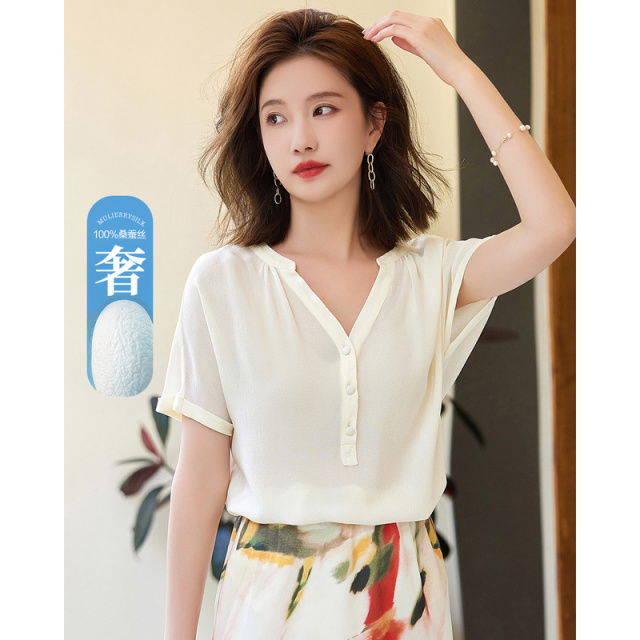 9400900.德玛纳V领宽松真丝衬衫