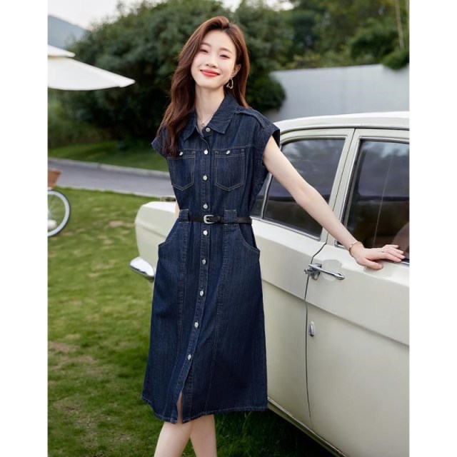 9400354.【沫晗依美】简约牛仔连衣裙夏季新款气质百搭翻领口袋设计连衣裙