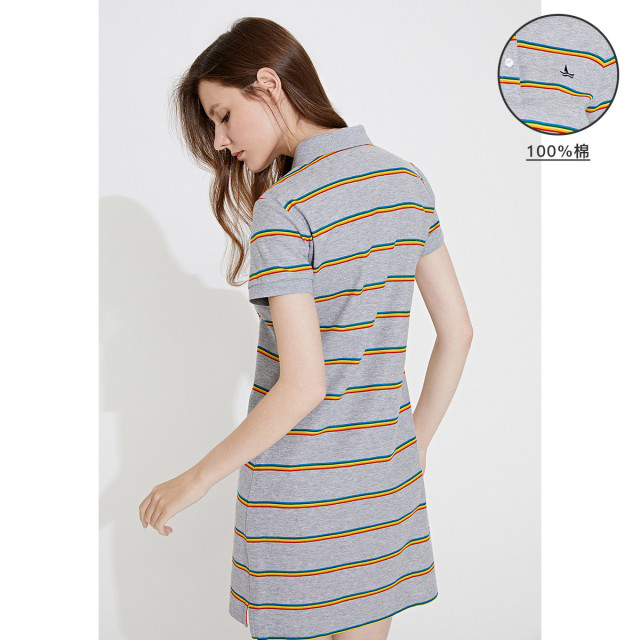 9428158.【纯棉】意大利小帆船 春夏透气条纹翻领短袖女polo连衣裙