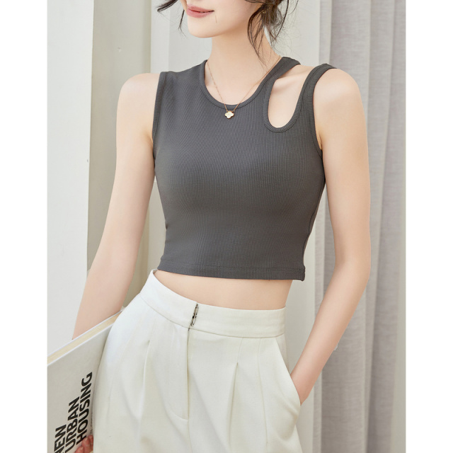 9431993.【单边镂空无袖背心】 夏季新款圆领女式t恤女背心