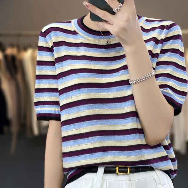 9432125.【功佑】时尚百搭蓝莓紫撞色条纹精仿羊毛短袖【6%羊毛】