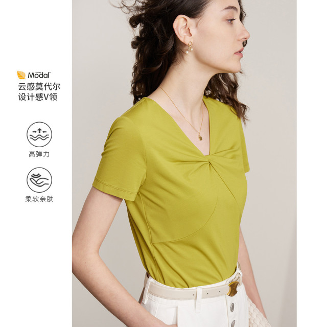 9470909.【有趣极简】夏季极简纯色修身短袖套头V领莫代尔棉上衣T恤女