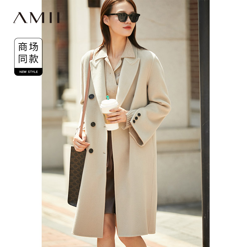 9468852.Amii冬季季新款双面呢长款大衣女西装式毛呢外套女