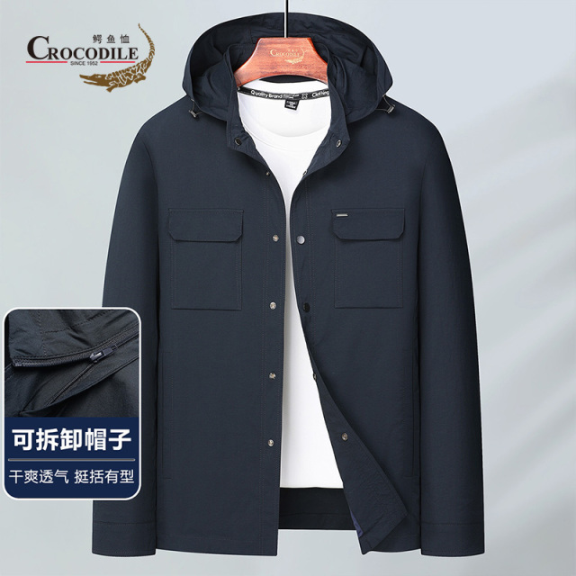 9499933.【轻奢商务】春夏专柜款猎装风口袋可脱卸帽轻薄上衣夹克男
