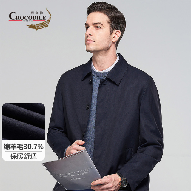 9499086.【精纺羊毛】春秋商务暗条纹翻领一手长男式风衣外套男