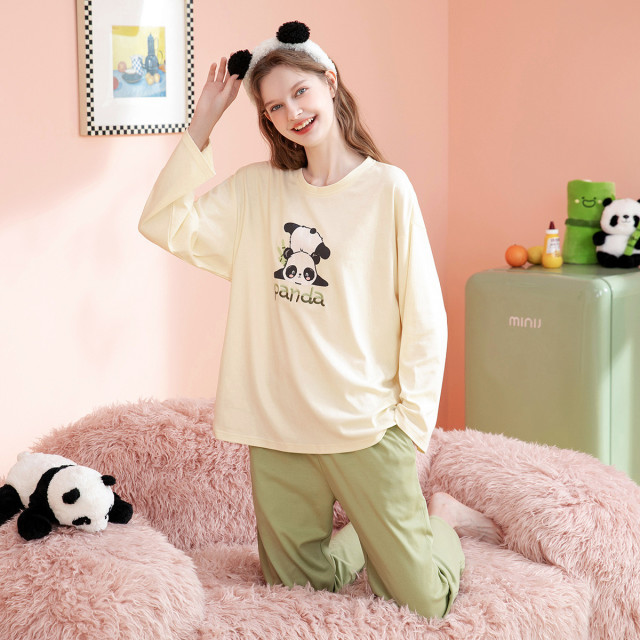 9585091.芬腾【全棉100%小熊猫】早秋套头圆领落肩家居服套装女士睡衣女